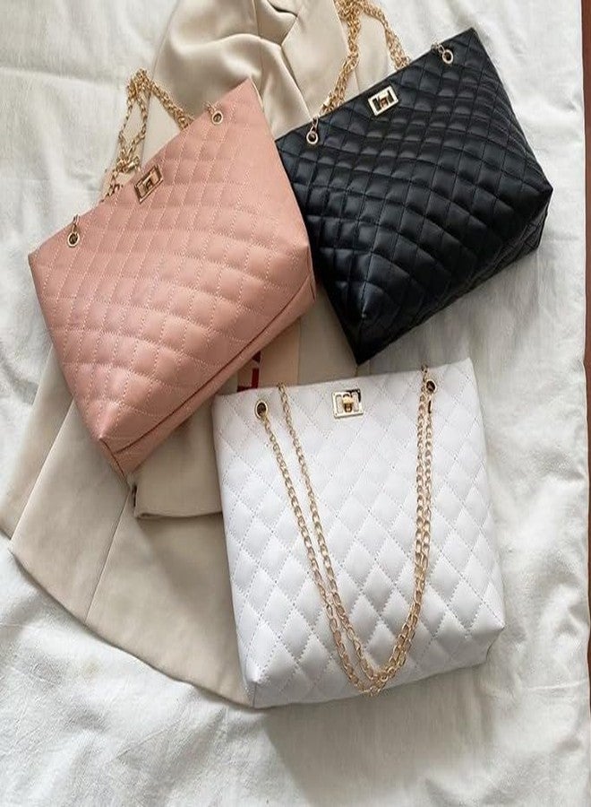 PAUL SONS Quilted Shoulder Bag with Gold Chain Straps, PU Leather, luxurious gold-tone turn-lock clasp and matching dual-chain straps. Fashion Handbag for Women (WHITE, Medium) - Image 4